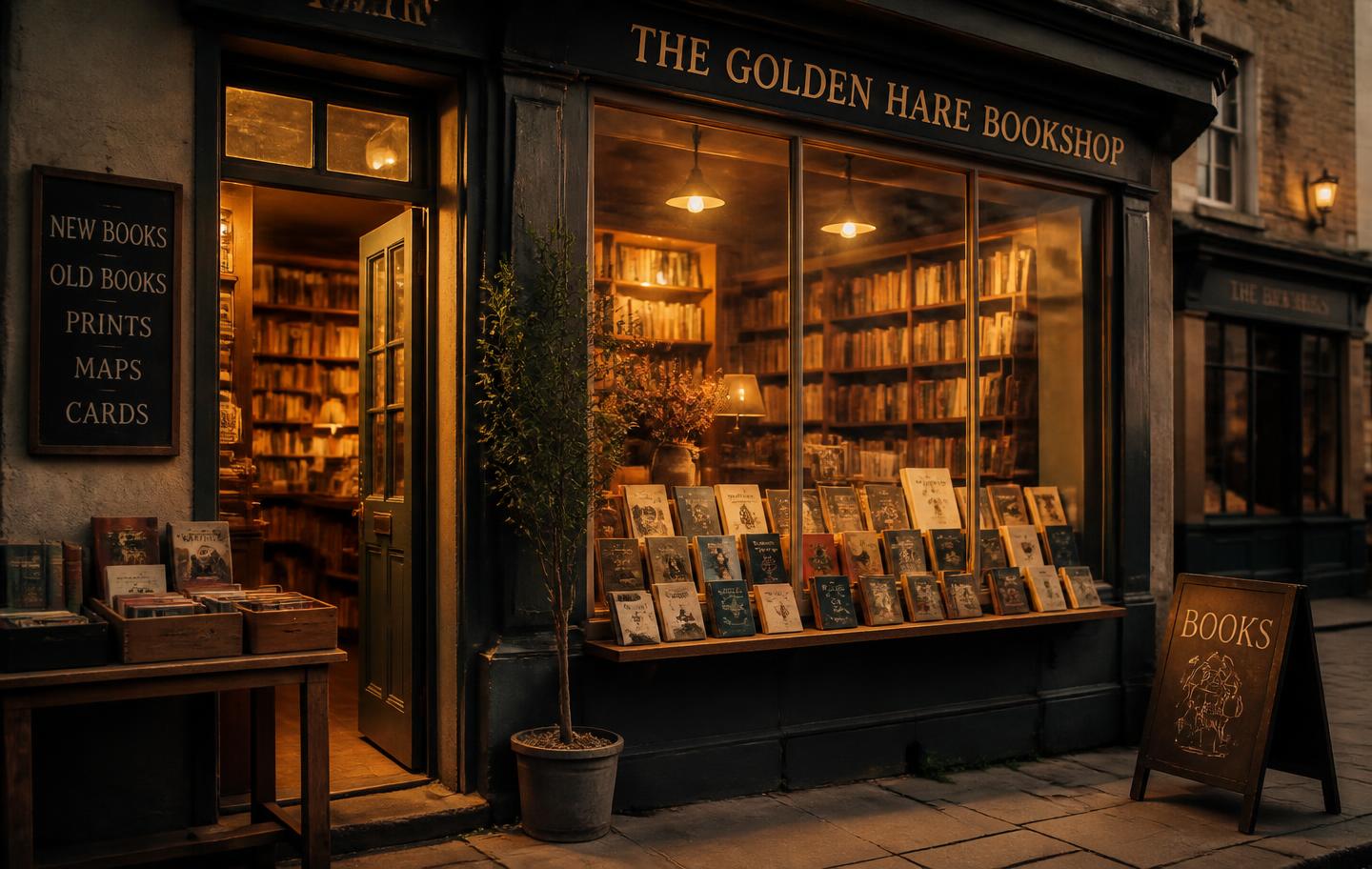 A warm British independent bookshop with wooden shelves and glowing windows